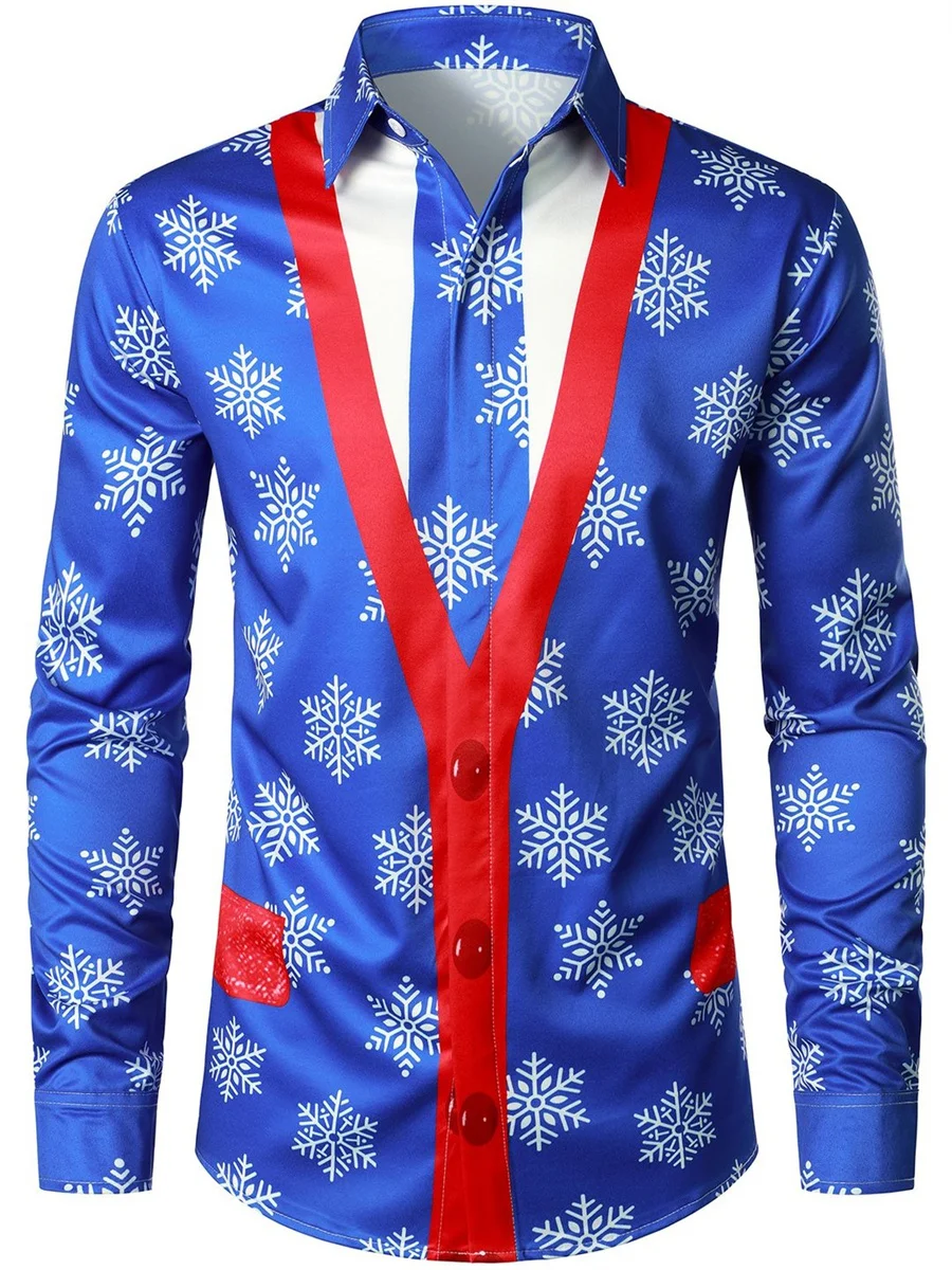 Autumn and Winter Christmas Shirt Long Sleeve Button Suit Lapel Hip Hop Funny Fashion Outdoor Party Men's Christmas Top