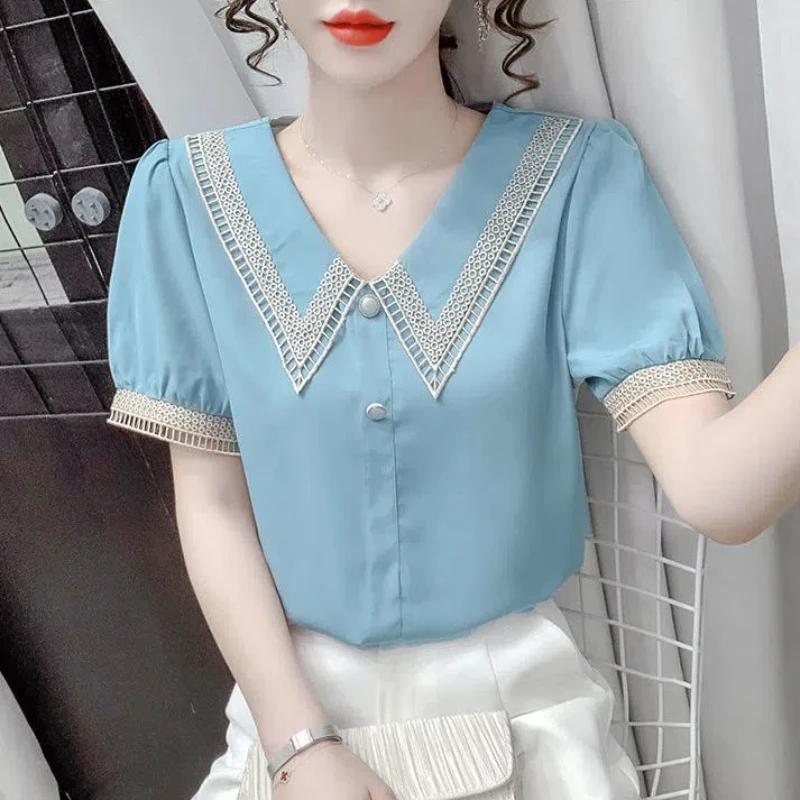 스위트 레이스 패치워크 할로우 아웃 블라우스, 반팔 쉬폰, 단색 루즈 셔츠, 오피스 패션, 여성 의류, 여름 신상