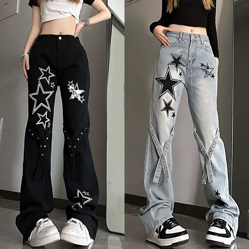 American Retro High Waist Jeans Star Printed All-match 2024 Female Clothing Spliced High Street Fashion Wide Leg Button Trousers