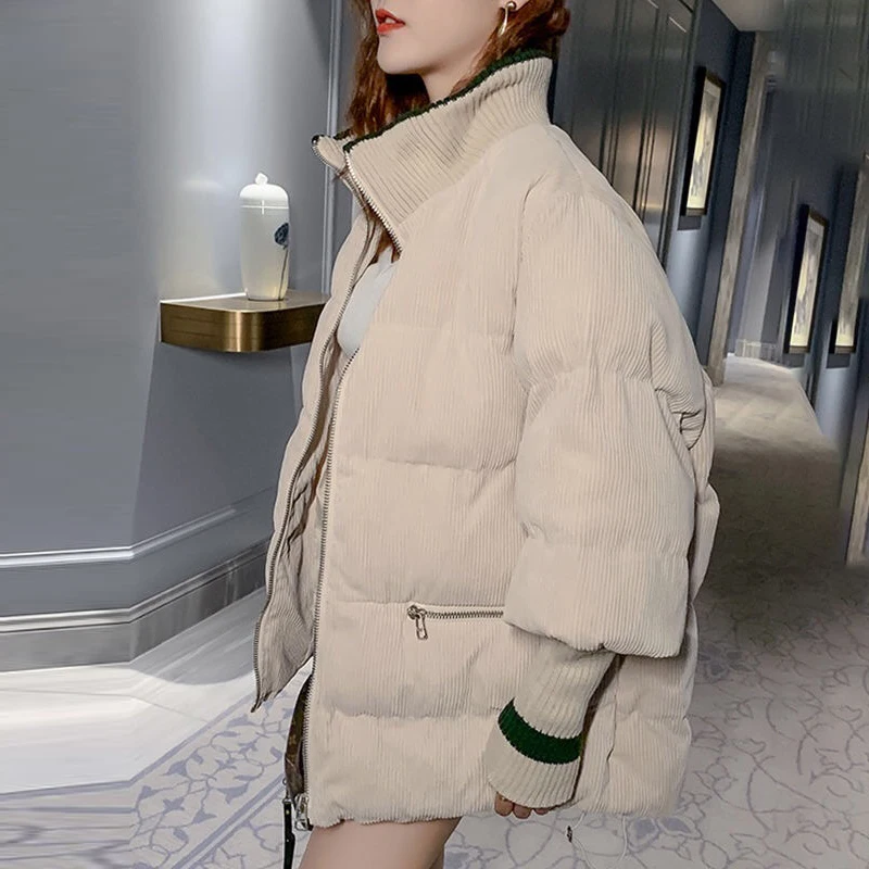 Thick Corduroy Short Parkas Women Letter Print Stand Collar Winter Coat Snow Wear Long Sleeve Outwear Korean Oversized Jacket