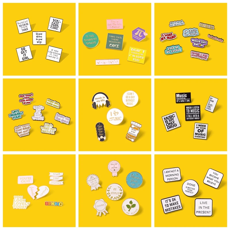 56pcs/set Sentence Letter Math Enamel Pin Comfort Encourage Word Music