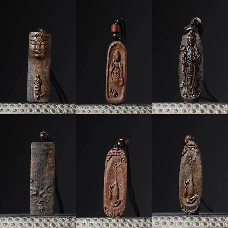 1PCS Adlerholz Geschnitzte Blume Buddha Statuen Anhänger Griff Stück doppelseitige Geschnitzte Glück Nafu Ping Eine Marke Wen spielen Holz – Detail 1