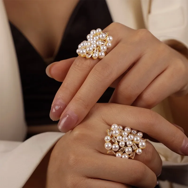 

Simple Fashion Women's Copper Irregular Design Set Zirconia Artificial Pearl Adjustable Ring Jewelry