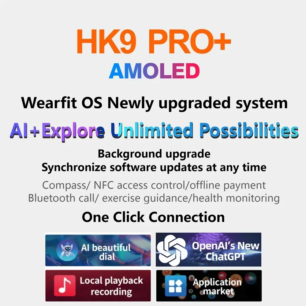 HK9  ÷ AMOLED Ʈ ġ  ø 9, ChatGPT Ʈġ, ó ġ, ̳ Ϸ, ȵ̵ IOS, 2GB ROM, Gen3