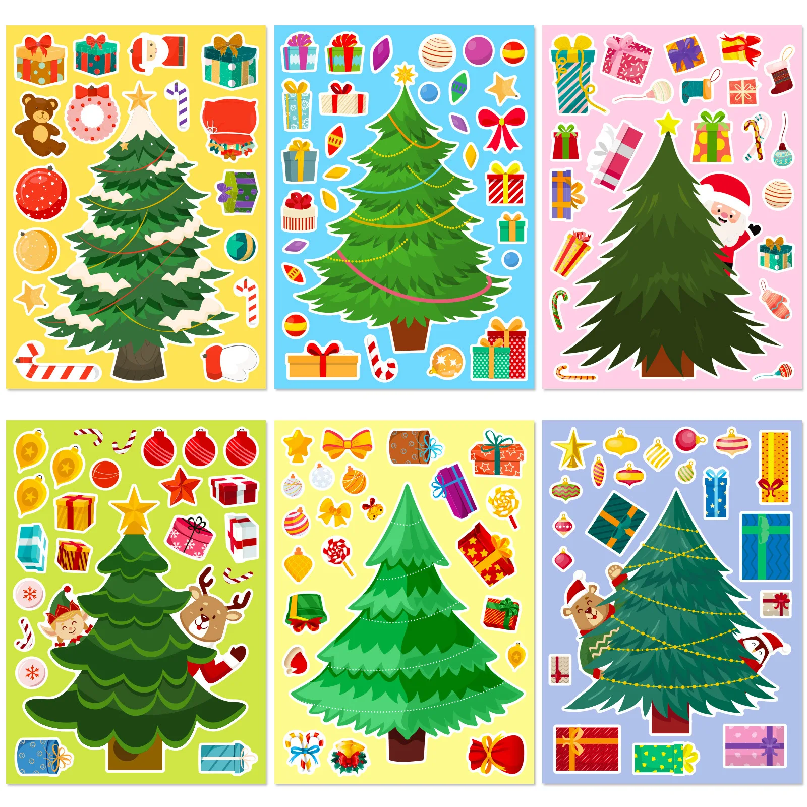 6 Sheets Christmas Party Games Stickers for Kids DIY Make Your Own Christmas Trees Decoration Puzzle Stickers Boys Girls Gifts