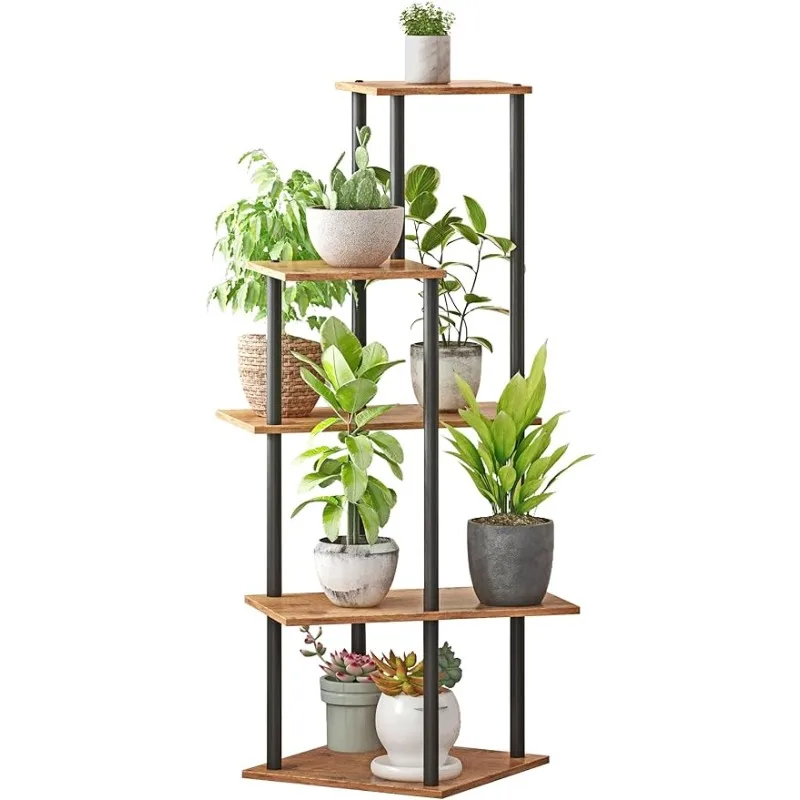 JEPRECO Plant Stand Indoor 5 Tier Metal Wood Plant Shelf for Multiple Flower Pots Corner Tall Flower Holders
