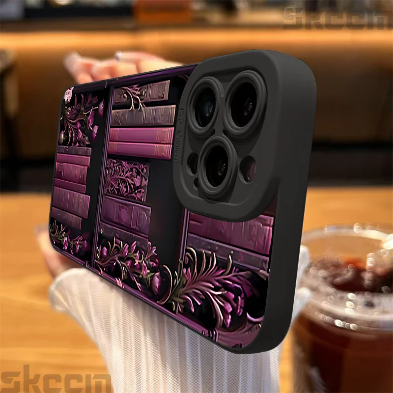 Vintage Purple Bookcase Painted Phone Case For iPhone 16 15 14 13 12 11 Pro Max Mini XS X XR 7 8 16 Plus Silicone Soft Cover