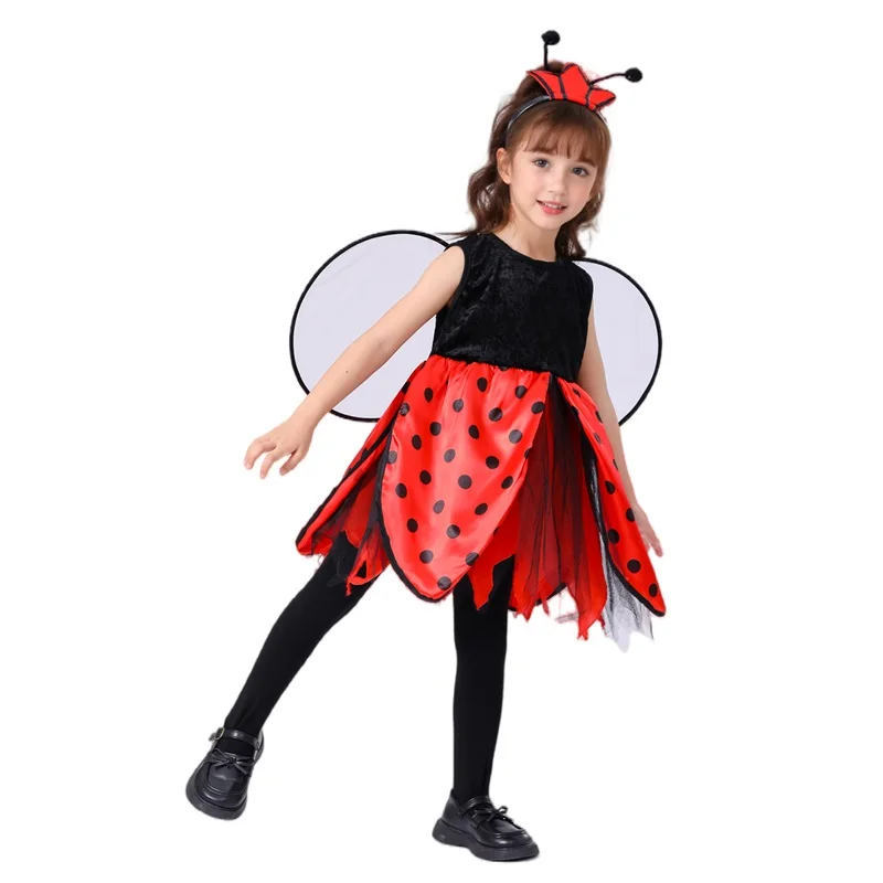 Cosplay Costume Kids Girls Dress Halloween Dress Outfit Animal Tutu Skirt Outfit 2025 Animal Costume for Girls Sleeveless Round Neck Dress + Wing + Headband Bee Ladybug Outfit 4T-10T