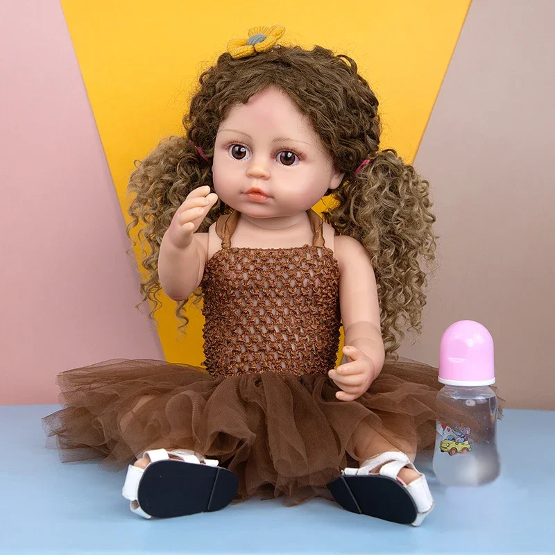 55Cm Reborn Girl Curly Hair Reborn Doll Soft Cuddly Full Silicone Lifelike 3D Skin Paint With Genesis Paint Art Doll