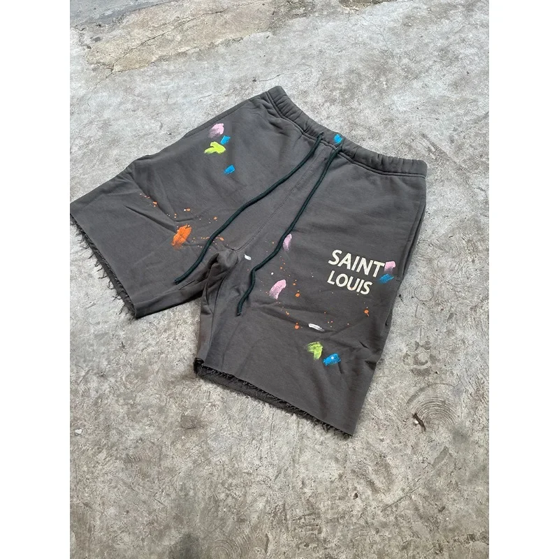Spring/Summer Unisex Fashion Leisure Sports SAINT LOUIS Handmade 1 Day Dirty Splash Damaged Logo Split Shorts