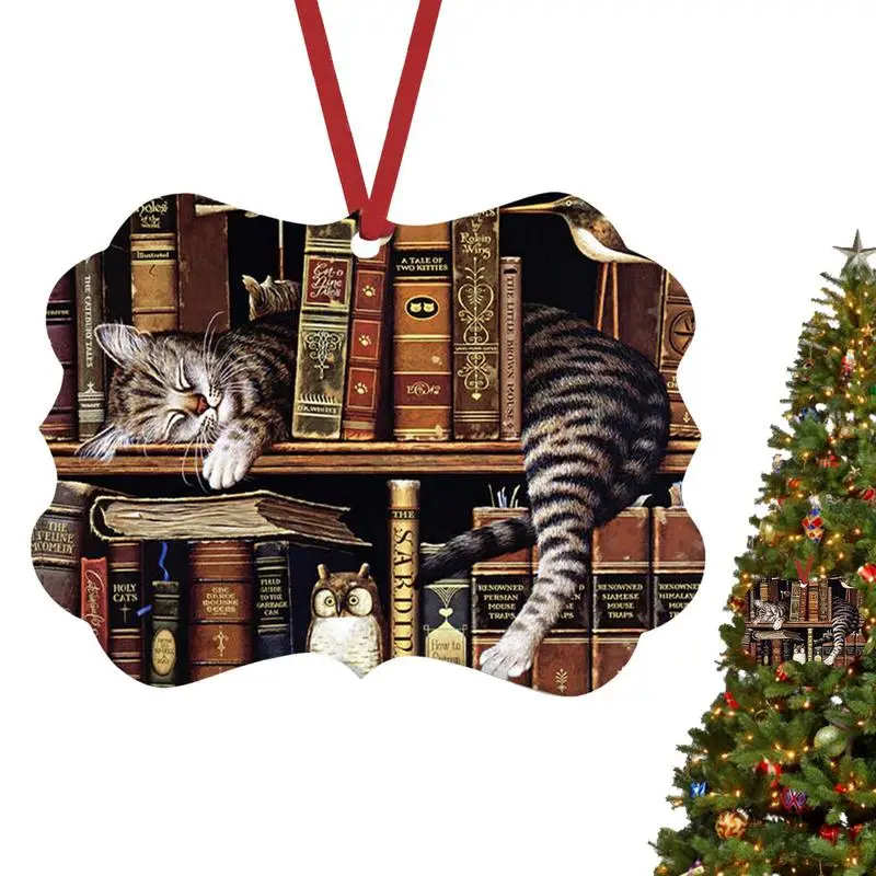 

Christmas Hanging Decor | Holiday Tree Cat Pendant Decor | Acrylic Sleeping Cat Double-sided Printing Ornament for Wall Window D