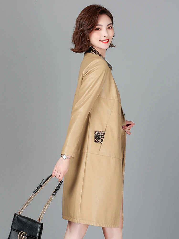 New Women Leather Coat Spring Autumn Fashion Leopard Collar Shirt Style Slim Sheepskin Coat Casual Long Outerwear Split Leather