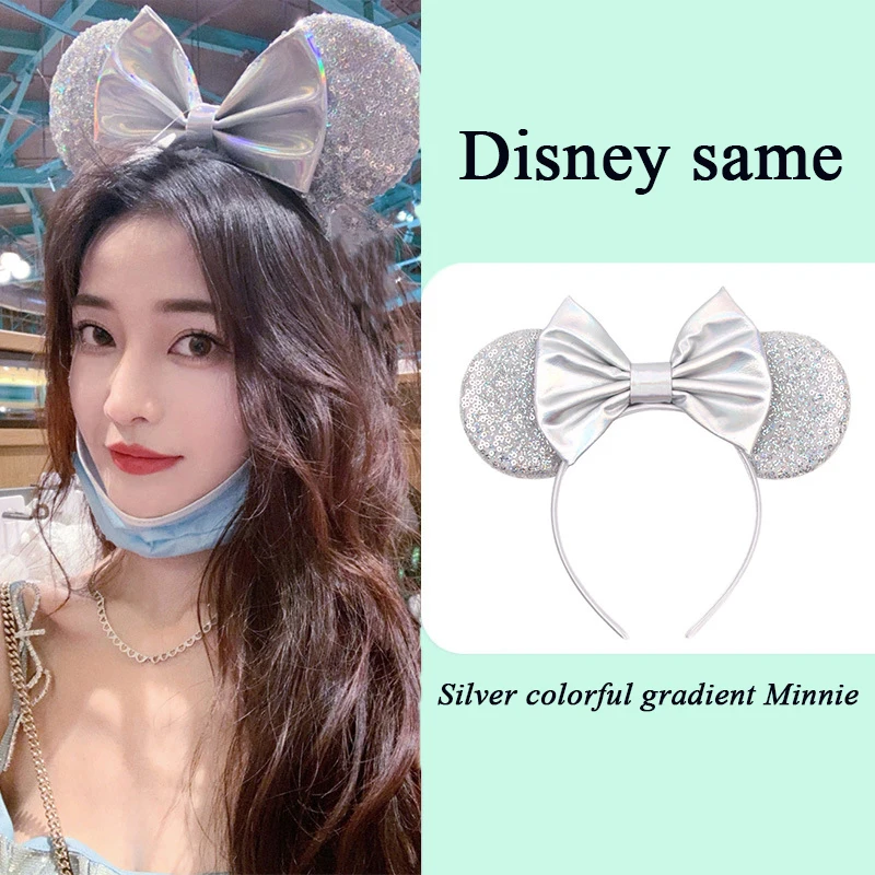 

Disney Silver Colorful sequins Mickey Minnie hair hoop bow Amusement Park Photo lovely children adult Headband Headdress