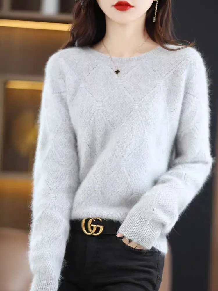 100% Mink cashmere sweater Women's knitting sweater O-neck long sleeve pullover Autumn and winter clothing warm top 5