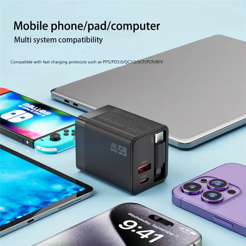 Ultra-Compact 65W GaN Charger with Retractable Cable