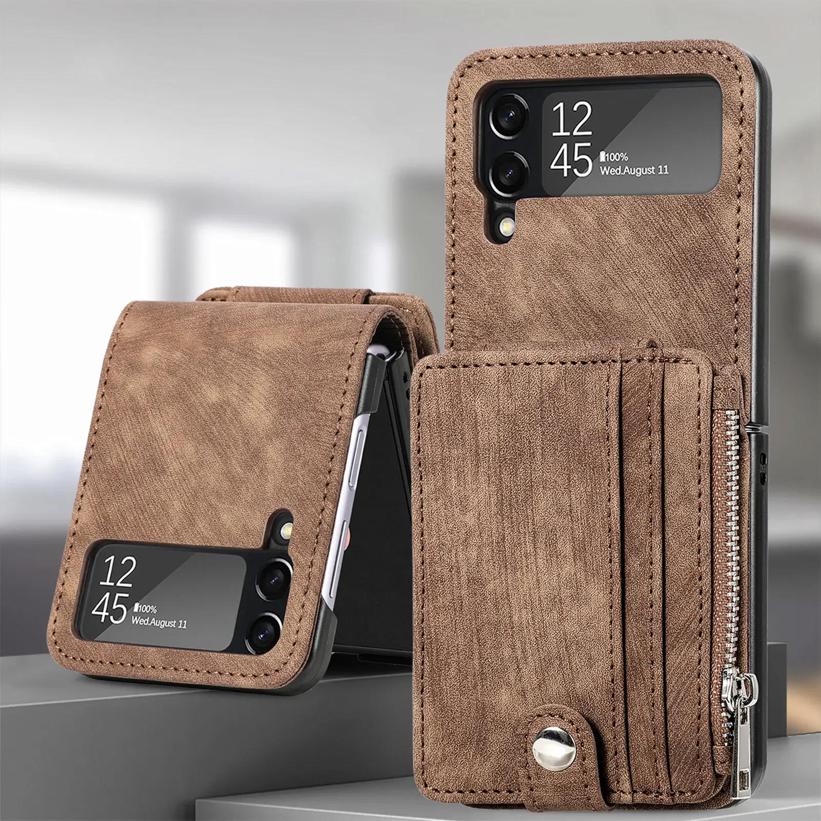 Versatile Retro Leather Zipper Wallet Folding Phone Case with Card Holder
