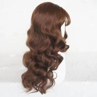 Perruque synthétique longue ondulée marron avec frange pour femmes, perruque de Cosplay Lolita moelleuse naturelle résistante à la chaleur pour fête quotidienne 4