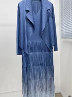 DEAT-معطف نسائي مطوي وفستان شرابة مقسم ، ستايل أنيق ، لون سادة ، قماش فضفاض نسائي ، جديد ، خريف ، 15KB4703 ، طقم 2 قطعة ، 2023 1