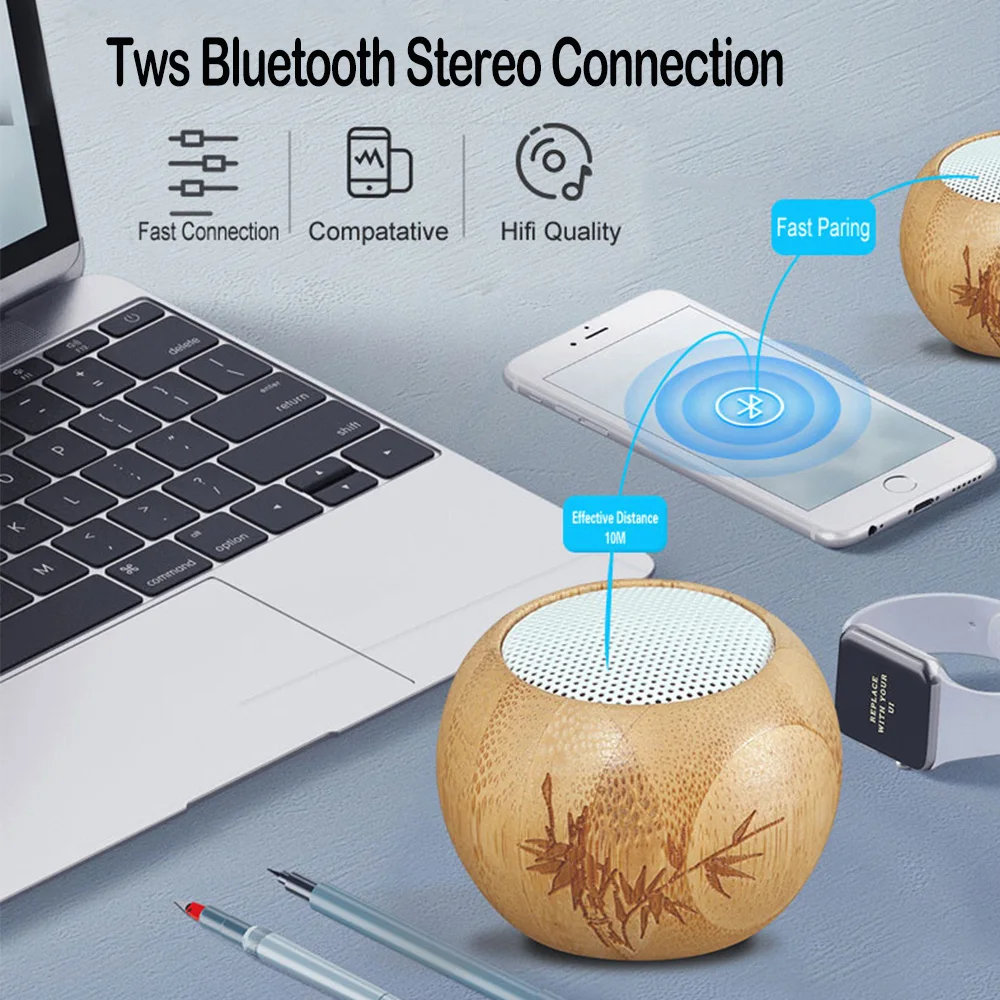 HIFI Tremble Bamboo Bluetooth Speaker 1 Pair Wood Portable Mini Small Steel Cannon Simple Small Speaker 1.5KHz-20KHz