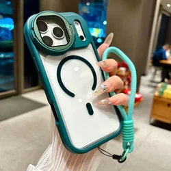 Foldable Magnetic Transparent Case with Lens Stand and Shockproof Design, Featuring Wrist Strap for iPhone 18 Pro Max (Dark Green)