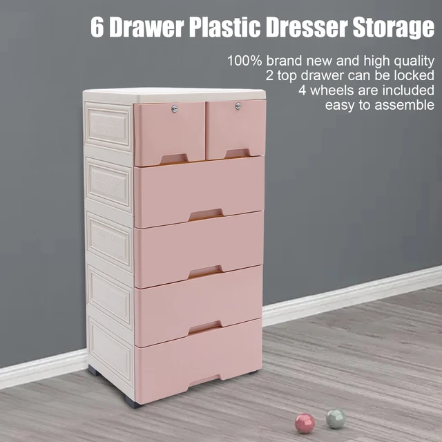 Plastic Storage Cabinet 6 Drawers Organizer with Wheels Lock