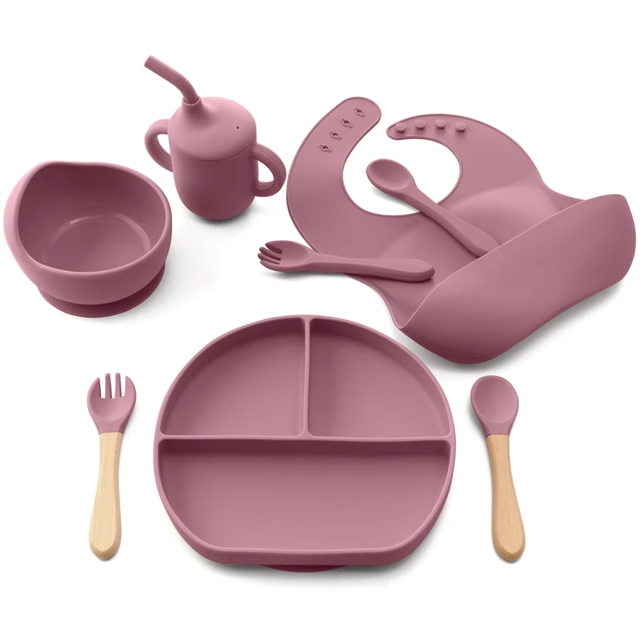 8/Pcs/Set Baby Food Feeding Tableware Sucker Bowl+Spoon+Fork Eating Dinnerware For Children Dishes Baby Bib Cup Baby Stuff 3
