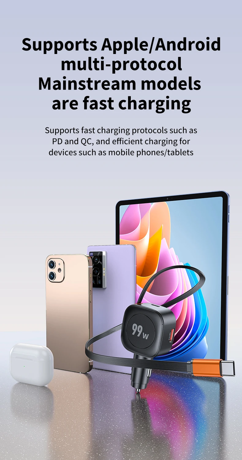 99W Retractable Car Phone Charger USB C PD 45W Fast Charging for iPhone 16 Pro M
