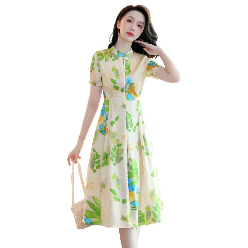 

Women's Slim Fit Mid Length Printed Short Sleeve Summer Silk Mulberry Silk Dress