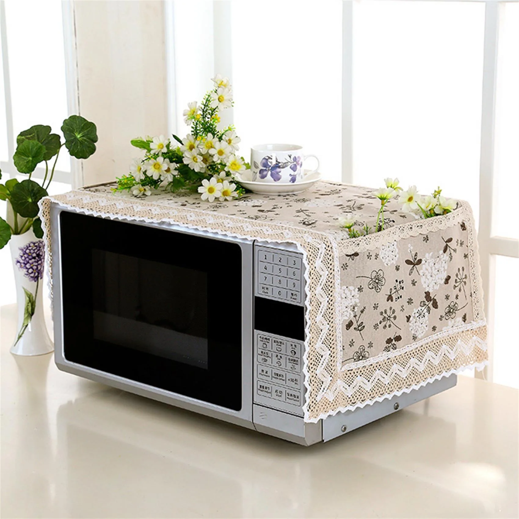 Microwave Dust Cover Printed With Storage Pocket Waterproof Electric Oven Satin Cloth Towel Kitchen Decoration