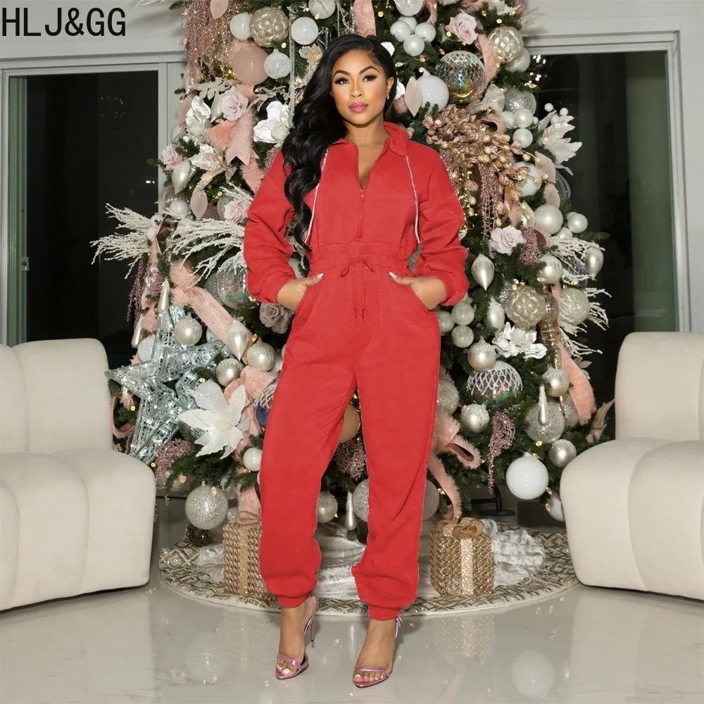 HLJ&GG Casual Solid Hooded Jogger Pants Jumpsuits Women V Neck Zip Long Sleeve Pocket Playsuits Female Sporty One Piece Overalls