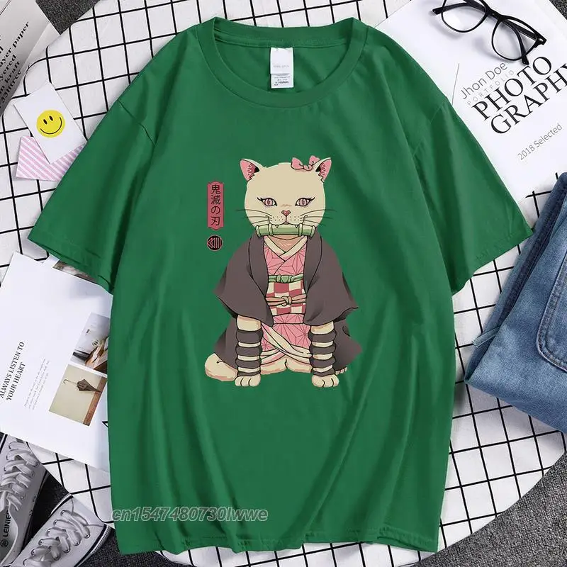 Japanese Catana White Cat Print T-Shirt Soft Vintage Tee Shirt Crewneck Soft Men'S T-Shirt Oversized Casual Tshirts Mens