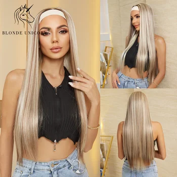 Blonde Unicorn Blonde Headband Synthetic Wigs Long Straight Hair Wigs for Women Heat Resistant Fiber Daliy Party Use