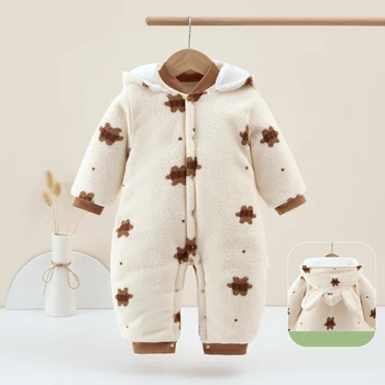 جديد شتاء 2024 جمبسوت للأطفال سميك ودافئ بقلنسوة داخل الصوف ثوب فضفاض للأطفال حديثي الولادة طقم ملابس للأولاد والبنات 2