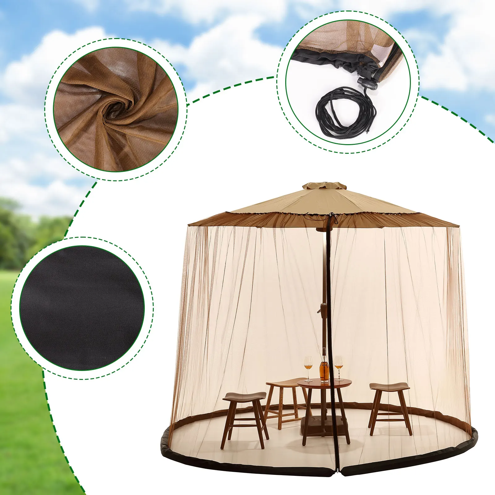 Umbrella Mosquito Netting for Outdoor Garden Patio Umbrellas Adjustable Rope Polyester Sunshade