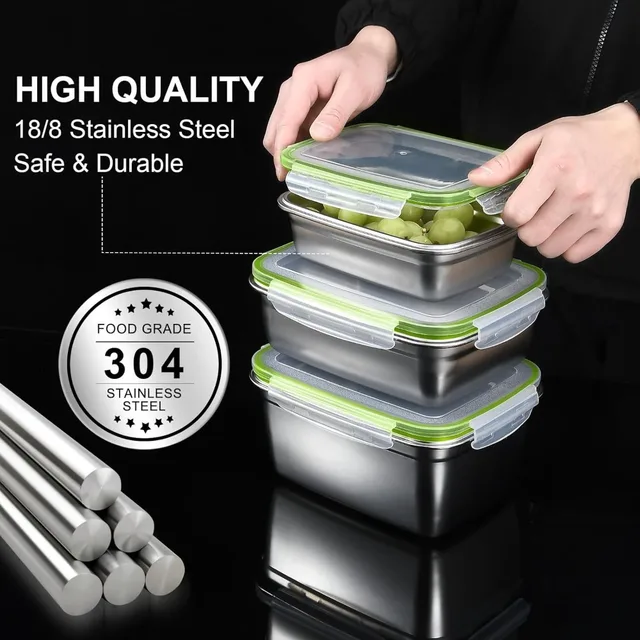 Contenedores de alimentos de acero inoxidable de 3 piezas, caja de almacenamiento de alimentos, fiambrera cuadrada de 400/750/1200ml 5