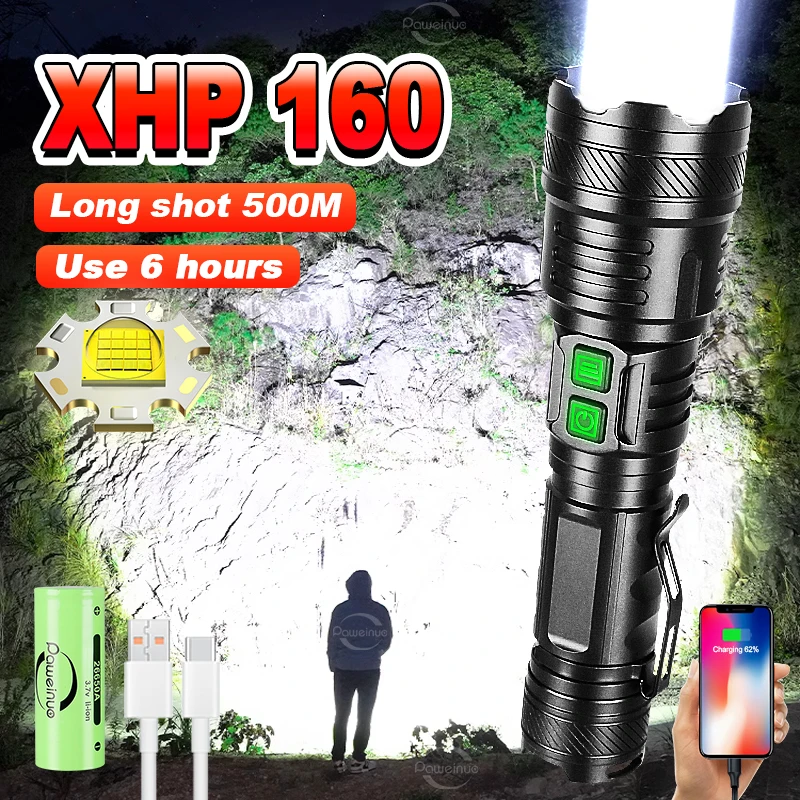 

Type-c 18650 26650 XHP160 Powerful Rechargeable Led Flashlight with USB Charging Portable Torch Outdoor Self Defense Floodlight