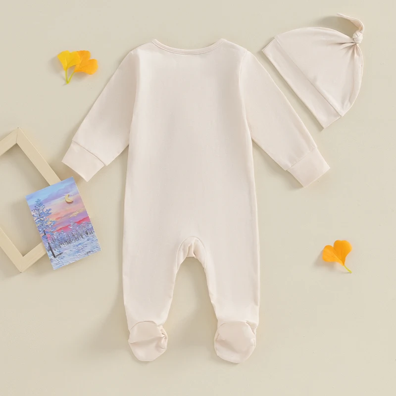 0-6M Newborn Baby Girls Boys Footies Rompers Infant Clothes Solid Color Crew Neck Long Sleeve Zipper Fall Bodysuits with Hat