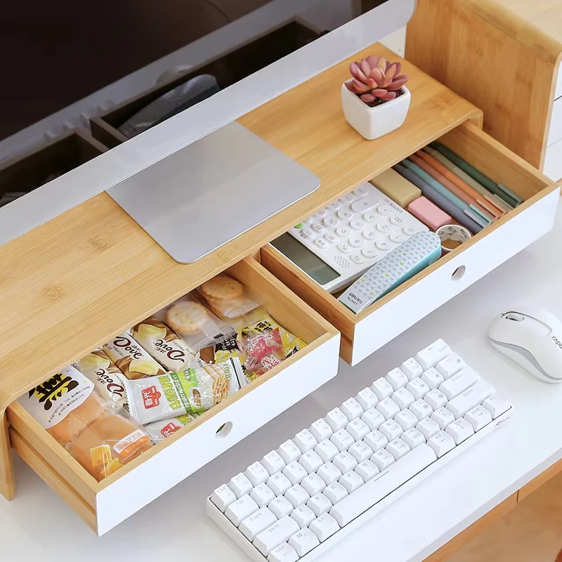 Rialzo Per Monitor In Bambù Con Cassetto – Supporto Da Scrivania In Legno Naturale, Piedini Antiscivolo, Per Computer E Stampanti