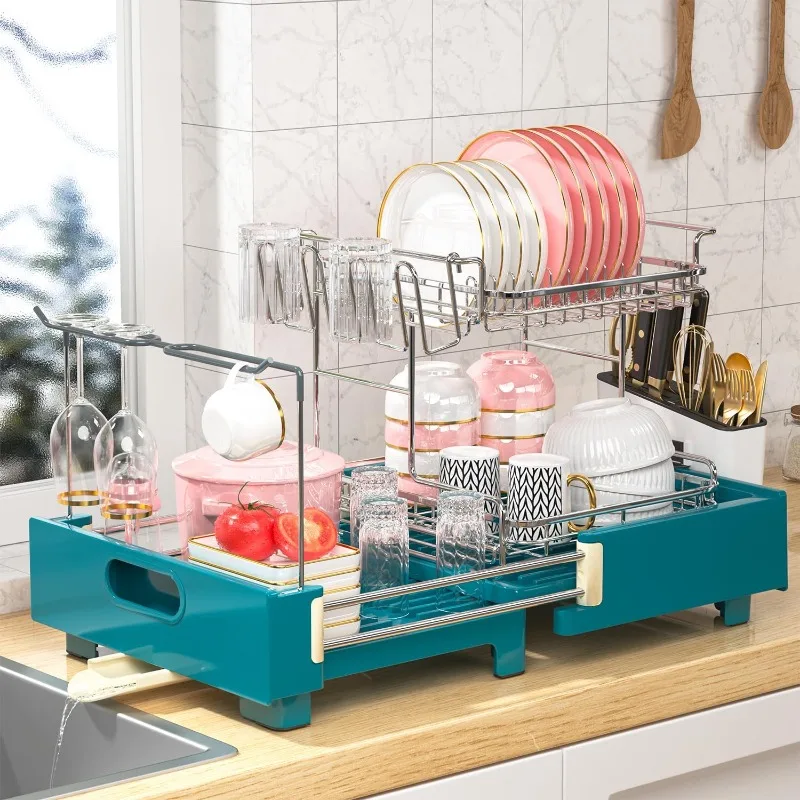 Dish Drying Rack -2 Tier Expandable Large Dish Racks, Stainless Steel Drainer with Adjustable