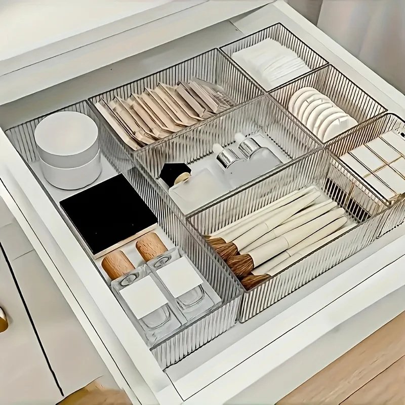 Stackable and adjustable multi drawer storage box set, perfect for storing cosmetics, office supplies, and desktop essentials. I 1