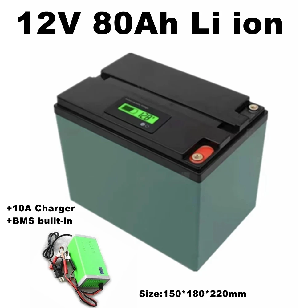 Batteria Portatile Agli Ioni Di Litio 12V 80Ah Batteria Ricaricabile 12V 80Ah Per Inverter Golf Cart Boat Solar + Caricatore 10A