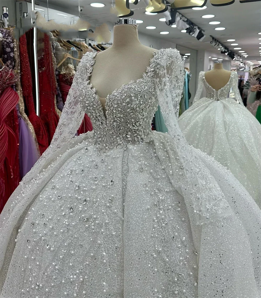 Customized Luxury Princess Wedding Dresses Sweetheart Neck Long Sleeves Vestido De Novia Lace Sequined Bride Robe De Mariee