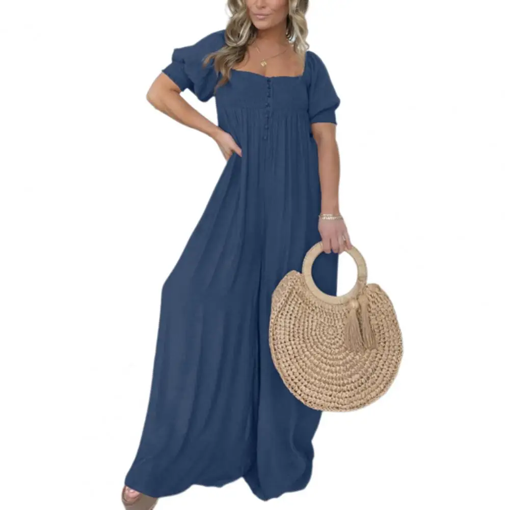 Summer Women's Jumpsuit Wide Leg Square Neck Lantern Sleeve High Waist Solid Color Stretch Pleated Loose Holiday Jumpsuit