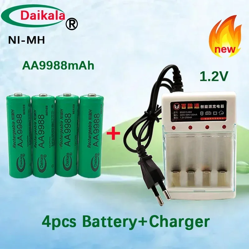 

2023New AA Battery Free Shipping 1.2VAA9988MAH+Charger Rechargeable Battery Suitable for Gaming Consoles, Alarms, Calculators