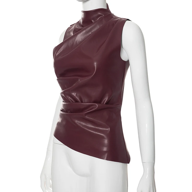 Women Y2K Vintage Pu Simple Basic Tank Top High Waist Skinny Shrunk Slash Cut Sleeveless Tops Versatile Noble Shirts