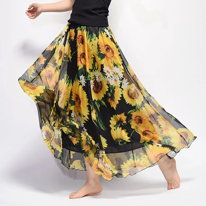 

2024 New Vintage Beach Dress Boho Skirt Printed Chiffon Skirt Long Skirt