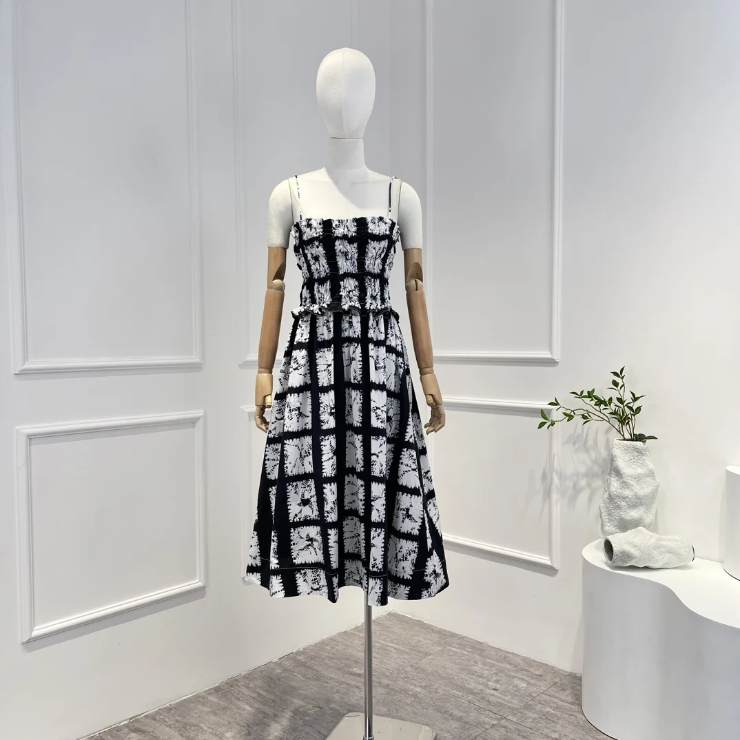 

2023 New Arrival Special Design High Quality Cotton Plaid Spaghetti Straps Casual Dating Midi Dress Women Summer Holiday Outfit