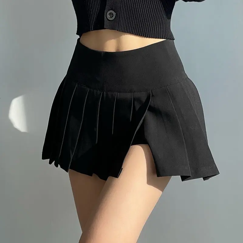 Lucyever Pleated Skirts Women Sexy Slim Side Split Anti-Glare Mini Skirt Female All-Match Solid Color High Waist A Line Skirt