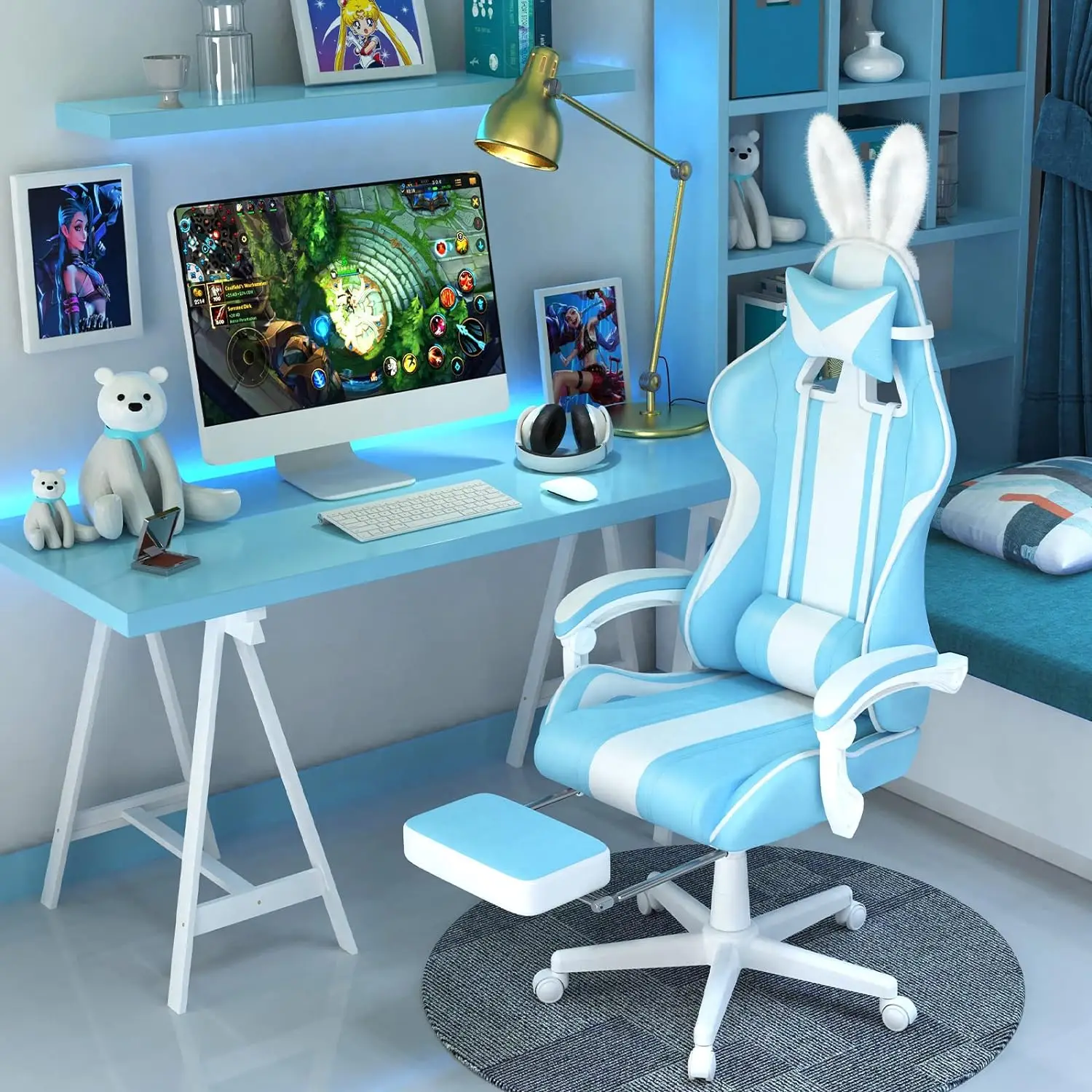 Kawaii Light Blue Gaming Chair with Bunny Ears, Cute Ergonomic Gamer Chair with Footrest and Massage, Racing Reclining Leather C 5