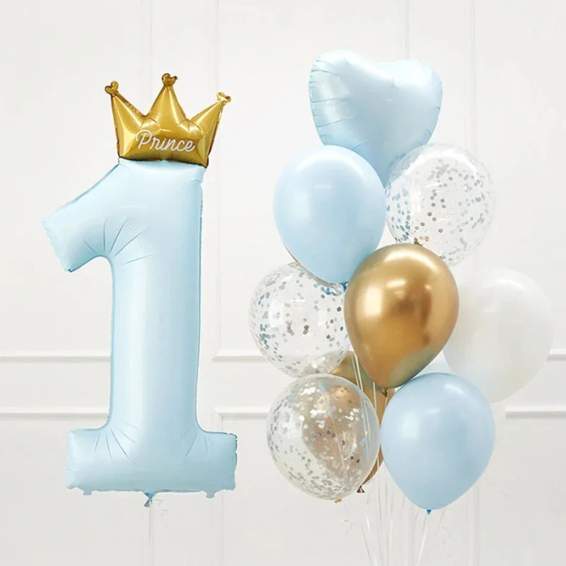 40 인치 프린스 크라운 번호 호일 풍선 1 생일 파티 장식 어린이 소년 소녀 첫 1 년 기념일 글로브 용품